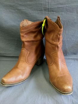 ALDO, Caramel Brown, Leather, Solid, Ankle Length, 2" Wood Cuban Heel, Plain/No Embellishment, Lightly Worn at Toes