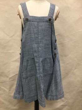 BETHANY JOY, Slate Blue, Cotton, Rayon, Heathered, Girls Jumper/Pinafore, Slate Blue Chambray-like Fabric, 1" Wide Straps, A-line, Split at Center Back Seam From Hem to Waist, Kangaroo Pocket at Front Hips, 3 Brown Button Closures on Each Side and Brown Accent Buttons at Straps, Made To Order, Unusual Custom Made Item