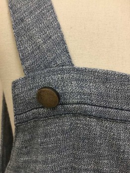 BETHANY JOY, Slate Blue, Cotton, Rayon, Heathered, Girls Jumper/Pinafore, Slate Blue Chambray-like Fabric, 1" Wide Straps, A-line, Split at Center Back Seam From Hem to Waist, Kangaroo Pocket at Front Hips, 3 Brown Button Closures on Each Side and Brown Accent Buttons at Straps, Made To Order, Unusual Custom Made Item