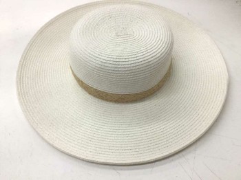 N/L, White, Tan Brown, Straw, Solid, Solid White with 1.25" Wide Tan Straw "Band", Rounded Flat Top of Crown, 4.5" Wide Brim, Barcode Heat Pressed Under Inside Grosgrain Hatband