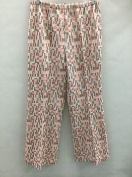 KAY WINDSOR, Multi-color, Peachy Pink, Beige, Gray, White, Polyester, Geometric, Multicolor Rectangles and Squares with Circles Inside Pattern, Elastic Waist, Flared Leg,