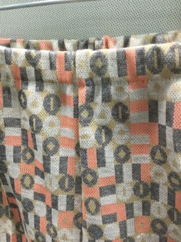 KAY WINDSOR, Multi-color, Peachy Pink, Beige, Gray, White, Polyester, Geometric, Multicolor Rectangles and Squares with Circles Inside Pattern, Elastic Waist, Flared Leg,