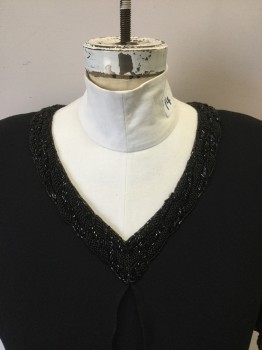 CATTIVA, Black, Polyester, Beaded, Solid, Poly Georgette, 5 Tiered with Lettuce Hems. Black Beaded V. Neck, Short Sleeves, Slit at Back Neck with Hook & Eye Closure, Early 1990's