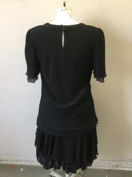 CATTIVA, Black, Polyester, Beaded, Solid, Poly Georgette, 5 Tiered with Lettuce Hems. Black Beaded V. Neck, Short Sleeves, Slit at Back Neck with Hook & Eye Closure, Early 1990's