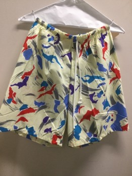 GABRIELLE, Yellow, Red, Teal Blue, Cornflower Blue, Gray, Polyester, Cotton, Abstract , Drawstring, Trunks, Back Pocket Flap,