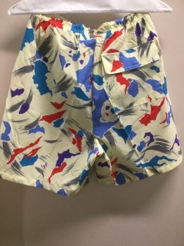 GABRIELLE, Yellow, Red, Teal Blue, Cornflower Blue, Gray, Polyester, Cotton, Abstract , Drawstring, Trunks, Back Pocket Flap,
