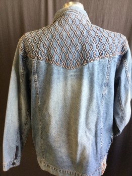 ENYCE, Lt Blue, Cotton, Solid, Diamonds, Denim, Collar Attached, Self Diamond Work Detail with Rust Stitches, Brass Button Front, 4 Pockets Long Sleeves,