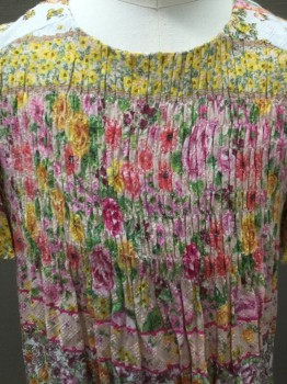 ZARA GIRLS, Lt Pink, Pink, Yellow, Green, Viscose, Floral, Multi Floral Print Dress, Short Sleeves, Crew Neck, Smocked Front, Slit Neck with Button Closure Center Back,