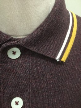 ARIZONA JEAN CO, Dk Purple, Yellow, Cream, Cotton, Polyester, Solid, Boys Polo Shirt: Dark Purple with Yellow and Cream Stripe Accents at Collar and Cuffs, Pique Jersey, Short Sleeves, Collar Attached, 2 Buttons