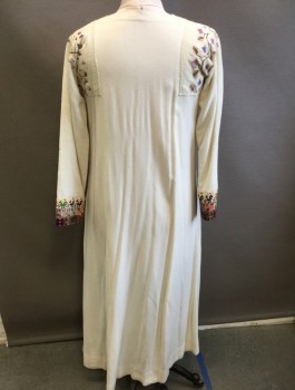 MTO, Cream, Multi-color, Cotton, Solid, Abstract , Ancient World, Cream Gauzy Material, Colorful Embroidery at Center Front, Shoulders, and Cuffs, Long Sleeves, V Notch Neckline, Floor Length
