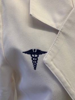 CHEROKEE, White, Poly/Cotton, Solid, 3 Button Front,  Notch Collar, Navy Medical Symbol Embroidered at Chest, Long Sleeves, 2 Pockets, Back Waistband Ties