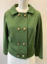 R&K KNITS, Olive Green, Polyester, Solid, Double Knit Polyester Jacket, Double Breasted, Gold Buttons, Collar Attached, Boxy Fit, **Has 2 Small Mends in Back