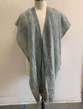 N/L MTO, Slate Blue, Powder Blue, Hemp, Geometric, Rough/Coarse Woven Material with Embroidered and Printed Pattern, Open at Center Front with No Closures, Open Sides, Very Faded/Aged, Self Tassles at Hem