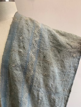 N/L MTO, Slate Blue, Powder Blue, Hemp, Geometric, Rough/Coarse Woven Material with Embroidered and Printed Pattern, Open at Center Front with No Closures, Open Sides, Very Faded/Aged, Self Tassles at Hem
