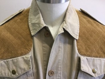 BANANA REPUBLIC, Tan Brown, Lt Brown, Cotton, Solid, Safari Jacket, Button Front, Collar Attached, Epaulets, Quilted Lt Brown Corduroy on Yoke, 4 Cargo Pocket, Drawstring Waist