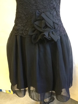 SCOTT MCCLINTOCK, Black, Polyester, Cotton, Floral, Lace, Halter, Cut-out Triangle Back with 2 Black Buttons, Chiffon Skirt and Flower at Waist. Zip Back