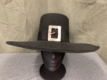 N/L, Black, Wool, Solid, Flat Crown, Flat Wide Brim with Braided Ribbon Trim, Faille Hat Band, Large Silver Etched Rectangular Buckle, 3 Musketeers, Spanish