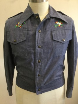 THE MAN, Denim Blue, Multi-color, Cotton, Solid, Novelty Pattern, Chambray, with Multicolor Flowers and Football Themed Embroidery, Snap Front, Collar Attached, 2 Large Patch Pockets with Flaps and Snap Closure, Epaulettes at Shoulders,