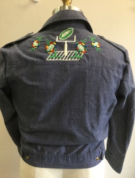 THE MAN, Denim Blue, Multi-color, Cotton, Solid, Novelty Pattern, Chambray, with Multicolor Flowers and Football Themed Embroidery, Snap Front, Collar Attached, 2 Large Patch Pockets with Flaps and Snap Closure, Epaulettes at Shoulders,
