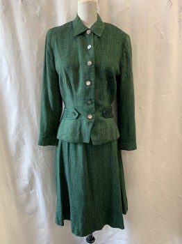 PETTI, Green, Black, Wool, Synthetic, 2 Color Weave, Collar Attached, Single Breasted, Button Front, Long Sleeves, Belted Sides