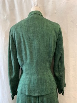 PETTI, Green, Black, Wool, Synthetic, 2 Color Weave, Collar Attached, Single Breasted, Button Front, Long Sleeves, Belted Sides