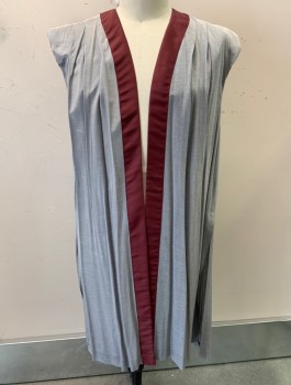 N/L MTO, Gray, Red Burgundy, Silk, Asian Inspired/Fantasy, Sleeveless, Burgundy 2" Wide Trim At Front Opening/Neck, Open Front With No Closures, Padded Shoulders With Pleats, Below Knee Length, Slits At Sides, Made To Order