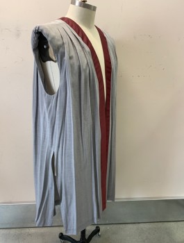 N/L MTO, Gray, Red Burgundy, Silk, Asian Inspired/Fantasy, Sleeveless, Burgundy 2" Wide Trim At Front Opening/Neck, Open Front With No Closures, Padded Shoulders With Pleats, Below Knee Length, Slits At Sides, Made To Order