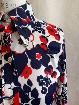 ALFRED DUNNER, Dk Blue, White, Red, Polyester, Floral, Collar Attached, Button Front, Long Sleeves, 2 Button Cuffs