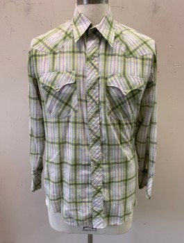CHUTE #1, Off White, Lt Green, Lavender Purple, Cotton, Plaid, L/S, Snap Front, Collar Attached, Western Style Yoke, 2 Pockets with Flaps