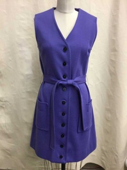 Marie Phillips, Purple, Polyester, Acrylic, Solid, Vest/Jumper, V-neck, 2 Pockets, Button Front, Self Tie Belt, Knit