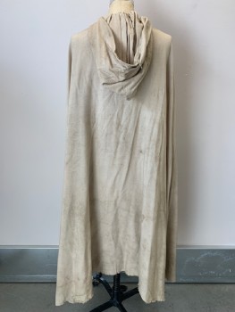 NO LABEL, Lt Beige, Linen, Solid, Cape With Hood, Neck Tie, Stained, Distressed