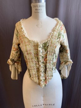 MTO, Cream, Salmon Pink, Lt Green, Yellow, Dk Green, Synthetic, Floral, 1700s, Square Neck with White Lace Trim, Button Front, White Velcro Underneath Button Placket,  Sides and Back are Attached with Black Velcro, L/S *Aged/Distressed, Frayed and Discolored*