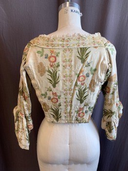 MTO, Cream, Salmon Pink, Lt Green, Yellow, Dk Green, Synthetic, Floral, 1700s, Square Neck with White Lace Trim, Button Front, White Velcro Underneath Button Placket,  Sides and Back are Attached with Black Velcro, L/S *Aged/Distressed, Frayed and Discolored*
