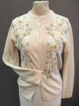 GEM GEM, Cream, Multi-color, Wool, Floral, Solid Cardigan, Pearl Button Front, L/S, Pastel Yellow/Green/Lt Blue/Lt Pink Embroidery with Ribbon, Ribbed Knit Crew Neck/Cuffs/Waistband, Embroidered Floral On Cuff and Back Neck,