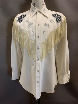 H BAR C, Cream, Charcoal Gray, Polyester, Floral, Solid, C.A., Snap Front, L/S, Fringe At Chest, Sleeves, And Back Yoke, Charcoal Gray And Light Gray Floral Appliques, White Rhinestones