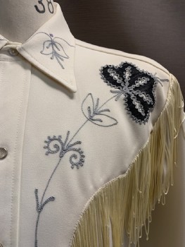 H BAR C, Cream, Charcoal Gray, Polyester, Floral, Solid, C.A., Snap Front, L/S, Fringe At Chest, Sleeves, And Back Yoke, Charcoal Gray And Light Gray Floral Appliques, White Rhinestones