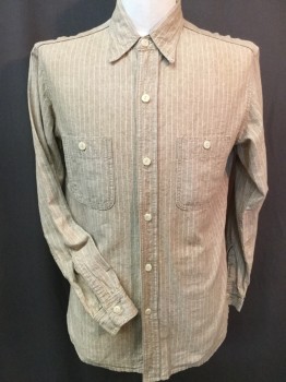 SPORTSMAN, Lt Brown, Cream, Linen, Cotton, Heathered, Stripes - Vertical , Collar Attached, Button Front, 2 Pockets, Long Sleeves, Multiples,