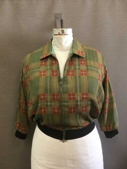 N/L, Olive Green, Yellow, Tomato Red, White, Linen, Spandex, Plaid-  Windowpane, Olive with Yellow, Tomato, White Wide Windowpane Plaid, Zip Front, Collar Attached, 3/4 Sleeves, Black Elastic at Waist and Cuffs, Possibly Made To Order,