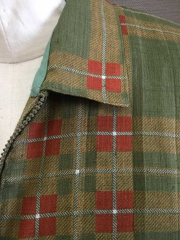 N/L, Olive Green, Yellow, Tomato Red, White, Linen, Spandex, Plaid-  Windowpane, Olive with Yellow, Tomato, White Wide Windowpane Plaid, Zip Front, Collar Attached, 3/4 Sleeves, Black Elastic at Waist and Cuffs, Possibly Made To Order,