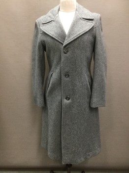 CLIMATIC, Heather Gray, Wool, Viscose, Solid, 3 Marble Gray/Cream Button Front, C.A., Oversize Lapel, L/S, 2 Welt Pockets, Princess Seams, Back Attached Waistbelt, CB Slit
