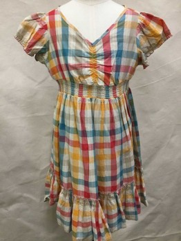MEXX, Multi-color, Ecru, Cherry Red, Yellow, Turquoise Blue, Cotton, Gingham, Puffy Cap Sleeves Gathered at Shoulders, V-neck, Vertical Ruched Detail at Center Front Chest, 1.5" Wide Smocked Elastic Waistband, Gathered at Waist with 6.5" Long Ruffle at Hem