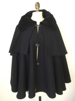 MTO, Black, Wool, Polyester, Solid, 1700's . Wool Blend Felt Short Cape with Caplet Overlay, Velvet Collar. 3 Filigree Closure