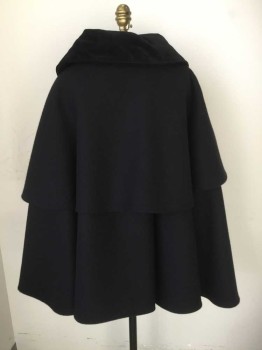 MTO, Black, Wool, Polyester, Solid, 1700's . Wool Blend Felt Short Cape with Caplet Overlay, Velvet Collar. 3 Filigree Closure