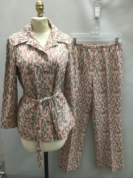 KAY WINDSOR, Multi-color, Peachy Pink, Beige, Gray, White, Polyester, Geometric, Multicolor Rectangles and Squares with Circles Inside Pattern, Single Breasted Jacket with 5 Silver Embossed Buttons, Wide Collar Attached, 2 Large Patch Pockets, **Comes with Self Sash BELT