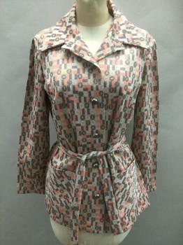 KAY WINDSOR, Multi-color, Peachy Pink, Beige, Gray, White, Polyester, Geometric, Multicolor Rectangles and Squares with Circles Inside Pattern, Single Breasted Jacket with 5 Silver Embossed Buttons, Wide Collar Attached, 2 Large Patch Pockets, **Comes with Self Sash BELT