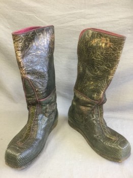 N/L MTO, Black, Gold, Red Burgundy, Leather, Snakeskin/Reptile, Floral, Reptile/Snakeskin, Embossed/Tooled Black Leather with Floral Pattern, Gold Iridescent Painted Bits, Toe/Bottom Covered in Black Snakeskin, Burgundy Piping Trim & Burgundy Leather Lining Inside, Calf Length, Chunky Square Toe, Made To Order