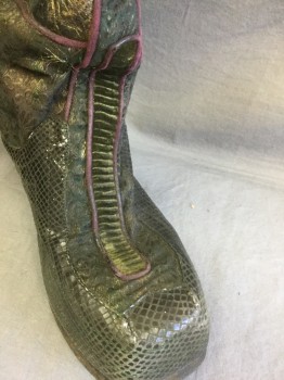 N/L MTO, Black, Gold, Red Burgundy, Leather, Snakeskin/Reptile, Floral, Reptile/Snakeskin, Embossed/Tooled Black Leather with Floral Pattern, Gold Iridescent Painted Bits, Toe/Bottom Covered in Black Snakeskin, Burgundy Piping Trim & Burgundy Leather Lining Inside, Calf Length, Chunky Square Toe, Made To Order