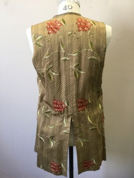SERJ MTO, Champagne, Sage Green, Beige, Cranberry Red, Silk, Cotton, Floral, Coat and Vest Set, Diamond Textured Brocade with Floral Embroidery, Self Fabric Covered Buttons at Front, Gold Metallic Lace Trim, 2 Decorative "Pocket" Flaps, Made To Order