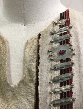 N/L MTO, Oatmeal Brown, Black, Dk Red, Pewter Gray, Linen, Metallic/Metal, Solid, Homespun Cloth, Long Sleeves, Floor Length, Black/Red Trim at Center Front with Aged Metal Beading/Chain Detail, Red Tassles at Waist, Round Neck with Notch, Lightly Aged Throughout, Made To Order