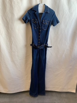 FRANKIE B, Blue, Cotton, Spandex, Solid, Button Front, Collar Attached, Short Sleeves, 2 Flap Patch Pockets, Self Belt, Belt Loops